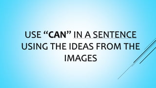USE “CAN” IN A SENTENCE
USING THE IDEAS FROM THE
IMAGES
 