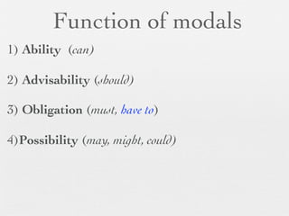 Function of modals
1) Ability (can)

2) Advisability (should)

3) Obligation (must, have to)

4)Possibility (may, might, could)
 