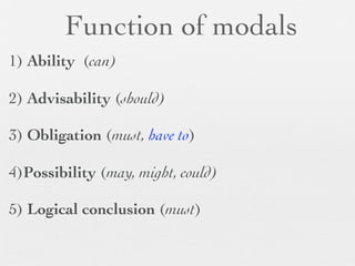Function of modals
1) Ability (can)

2) Advisability (should)

3) Obligation (must, have to)

4)Possibility (may, might, could)

5) Logical conclusion (must)
 