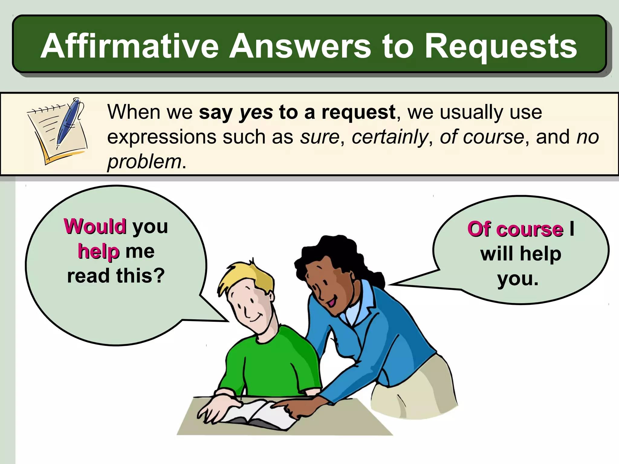 Affirmative Answers to Requests
Affirmative Answers to Requests
When we say yes to a request, we usually use
expressions such as sure, certainly, of course, and no
problem.
Would you
help me
read this?

Of course I
will help
you.

 