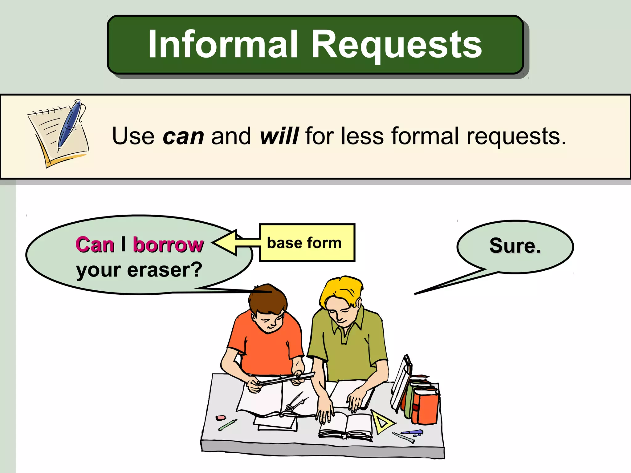Informal Requests
Use can and will for less formal requests.

Can I borrow
your eraser?

base form

Sure.

 