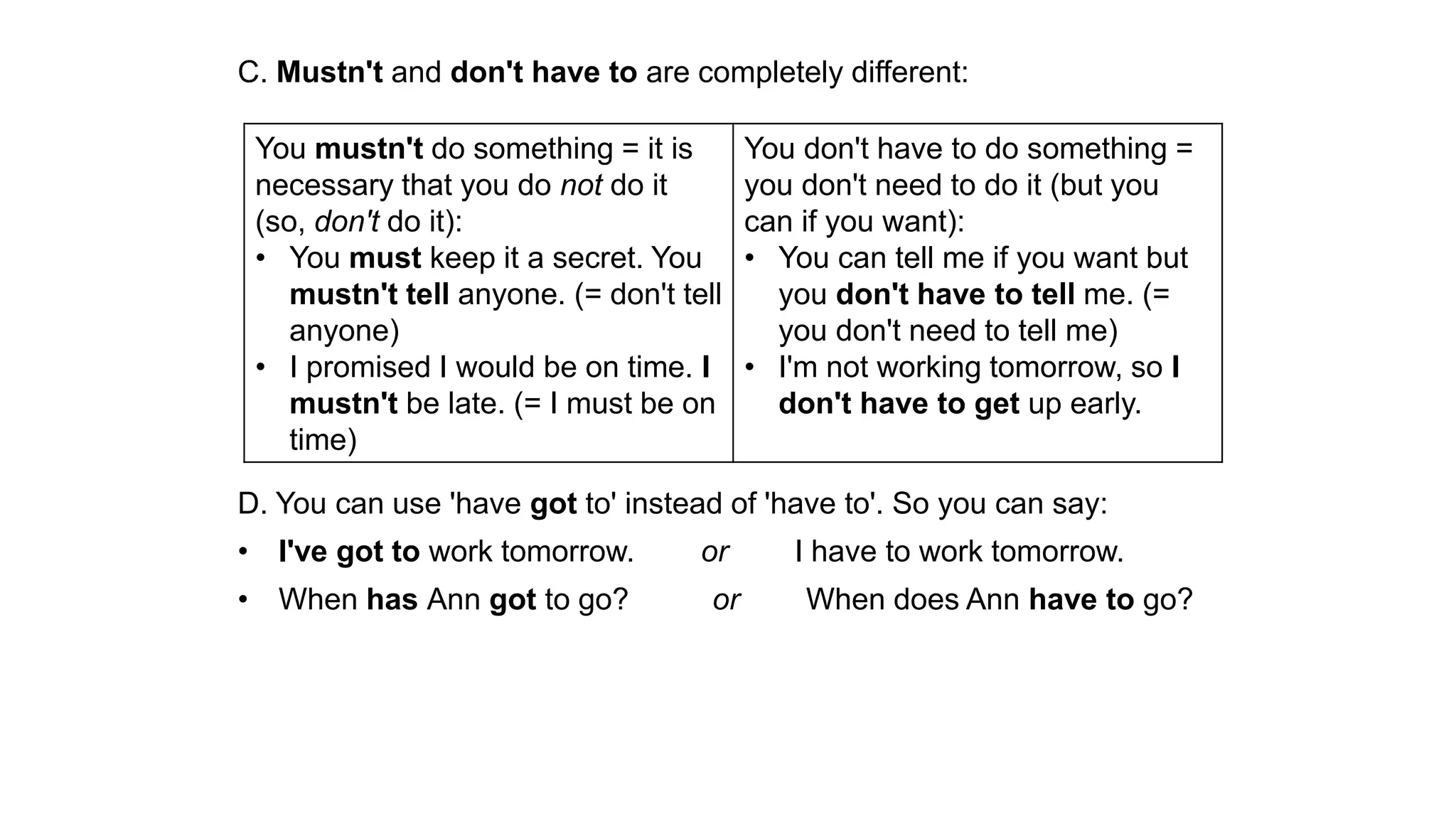 C. Mustn't and don't have to are completely different:
D. You can use 'have got to' instead of 'have to'. So you can say:
• I've got to work tomorrow. or I have to work tomorrow.
• When has Ann got to go? or When does Ann have to go?
You mustn't do something = it is
necessary that you do not do it
(so, don't do it):
• You must keep it a secret. You
mustn't tell anyone. (= don't tell
anyone)
• I promised I would be on time. I
mustn't be late. (= I must be on
time)
You don't have to do something =
you don't need to do it (but you
can if you want):
• You can tell me if you want but
you don't have to tell me. (=
you don't need to tell me)
• I'm not working tomorrow, so I
don't have to get up early.
 