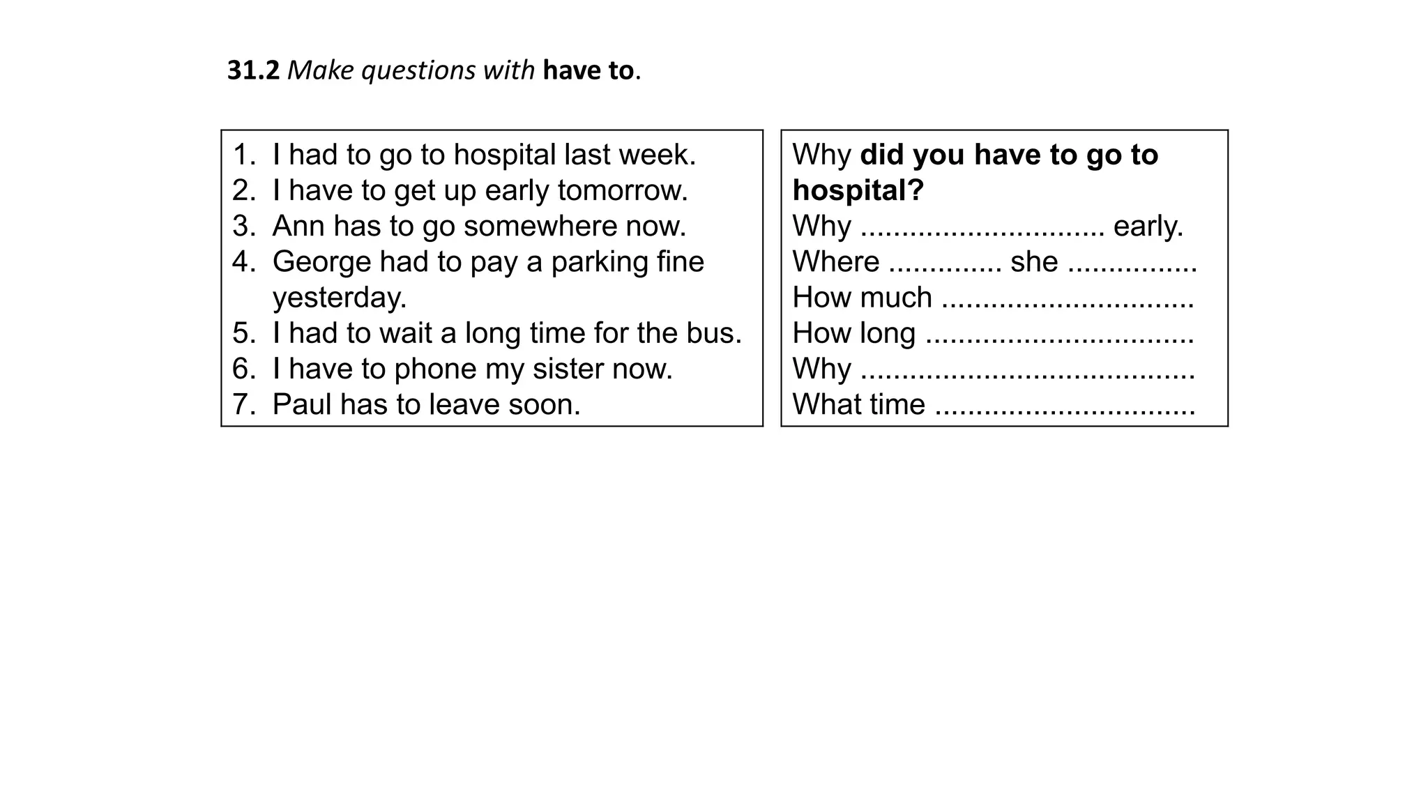 31.2 Make questions with have to.
1. I had to go to hospital last week.
2. I have to get up early tomorrow.
3. Ann has to go somewhere now.
4. George had to pay a parking fine
yesterday.
5. I had to wait a long time for the bus.
6. I have to phone my sister now.
7. Paul has to leave soon.
Why did you have to go to
hospital?
Why .............................. early.
Where .............. she ................
How much ...............................
How long .................................
Why .........................................
What time ................................
 