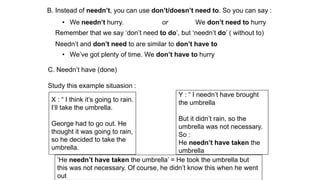 B. Instead of needn’t, you can use don’t/doesn’t need to. So you can say :
• We needn’t hurry. or We don’t need to hurry
Remember that we say ‘don’t need to do’, but ‘needn’t do’ ( without to)
Needn’t and don’t need to are similar to don’t have to
• We’ve got plenty of time. We don’t have to hurry
C. Needn’t have (done)
Study this example situasion :
X : “ I think it’s going to rain.
I’ll take the umbrella.
George had to go out. He
thought it was going to rain,
so he decided to take the
umbrella.
Y : “ I needn’t have brought
the umbrella
But it didn’t rain, so the
umbrella was not necessary.
So :
He needn’t have taken the
umbrella
‘He needn’t have taken the umbrella’ = He took the umbrella but
this was not necessary. Of course, he didn’t know this when he went
out
 