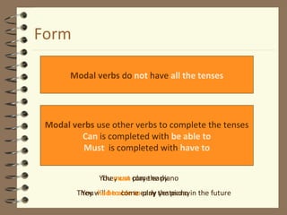 Form 
Modal verbs do not have all the tenses 
Modal verbs use other verbs to complete the tenses 
Can is completed with be able to 
Must is completed with have to 
You must come early 
They can play the piano 
They You will had be to able come to early play the yesterday 
piano in the future 
 
