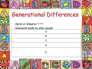 Generational Differences Agree or disagree ? ? ? Comments made by older people The younger generation is bunch of slackers. They don’t know the meaning of hard work. They can’t think long range. They don’t know how to think for themselves. Life is easy for them compared to when we (older people) were young. A B C D E 