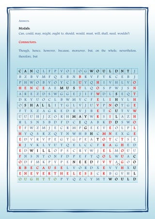 Answers:
Modals:
Can, could, may, might, ought to, should, would, must, will, shall, need, wouldn’t
Connectors:
Though, hence, however, because, moreover, but, on the whole, nevertheless,
therefore, but
C A N Q L F P V O I O G W O U L D N T J
B Z B V M F Q E B N B R V F Y K C E B J
P H W O B V O Y C S U Y Q H I V H L V O
H E N C E A E M U S T L Q O S P W J S N
A R E Z D S W G G E J I F W D L S E Q T
D K Y U O C L B W M Y C F E L I H Y L H
O S H A L L I T G L V J U V P N O T G E
F T X Z A G K E D R V J B E T C U T V W
U U U H J Z O R H M A Y W R S I L A Z H
R L S N S B D F D C I Q A B K D D S W O
T F W Z M J E C R M P G E E V E O L P L
H Y Q S R Z Q T N W H B H C M N E X G E
E D V R V P E G T G P E A T O T C T S E
R J V K L Y U T Q E L C C F R A G H E D
E D W I L L O P S C R Y W J E L M O U U
F N S N T O N F D P E F T Q O L W U A C
O D F M K P Y P E N E E D F V Y A G O O
R B E C A U S E L V O R D X E V Y H X U
E N E V E R T H E L E S S C R B G V H L
O U G H T T O P Y Q Z C Y M T W O U L D
 
