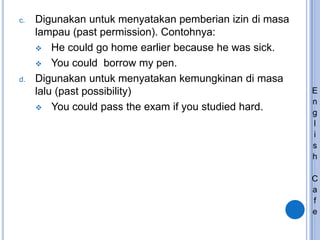 c.

d.

Digunakan untuk menyatakan pemberian izin di masa
lampau (past permission). Contohnya:
 He could go home earlier because he was sick.
 You could borrow my pen.
Digunakan untuk menyatakan kemungkinan di masa
lalu (past possibility)
 You could pass the exam if you studied hard.

E
n
g
l
i
s
h
C
a
f
e

 