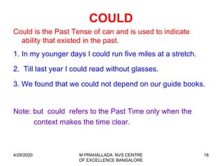18
COULD
Could is the Past Tense of can and is used to indicate
ability that existed in the past.
1. In my younger days I could run five miles at a stretch.
2. Till last year I could read without glasses.
3. We found that we could not depend on our guide books.
Note: but could refers to the Past Time only when the
context makes the time clear.
4/29/2020 M PRAHALLADA NVS CENTRE
OF EXCELLENCE BANGALORE
 