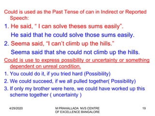 Could is used as the Past Tense of can in Indirect or Reported
Speech:
1. He said, “ I can solve theses sums easily”.
He said that he could solve those sums easily.
2. Seema said, “I can’t climb up the hills.”
Seema said that she could not climb up the hills.
Could is use to express possibility or uncertainty or something
dependent on unreal condition.
1. You could do it, if you tried hard (Possibility)
2. We could succeed, if we all pulled together( Possibility)
3. If only my brother were here, we could have worked up this
scheme together ( uncertainty )
4/29/2020 M PRAHALLADA NVS CENTRE
OF EXCELLENCE BANGALORE
19
 