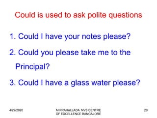 20
Could is used to ask polite questions
1. Could I have your notes please?
2. Could you please take me to the
Principal?
3. Could I have a glass water please?
4/29/2020 M PRAHALLADA NVS CENTRE
OF EXCELLENCE BANGALORE
 