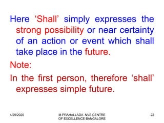 22
Here ‘Shall’ simply expresses the
strong possibility or near certainty
of an action or event which shall
take place in the future.
Note:
In the first person, therefore ‘shall’
expresses simple future.
4/29/2020 M PRAHALLADA NVS CENTRE
OF EXCELLENCE BANGALORE
 