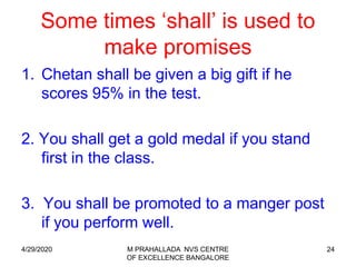 24
Some times ‘shall’ is used to
make promises
1. Chetan shall be given a big gift if he
scores 95% in the test.
2. You shall get a gold medal if you stand
first in the class.
3. You shall be promoted to a manger post
if you perform well.
4/29/2020 M PRAHALLADA NVS CENTRE
OF EXCELLENCE BANGALORE
 