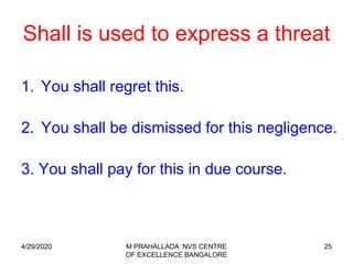 25
Shall is used to express a threat
1. You shall regret this.
2. You shall be dismissed for this negligence.
3. You shall pay for this in due course.
4/29/2020 M PRAHALLADA NVS CENTRE
OF EXCELLENCE BANGALORE
 