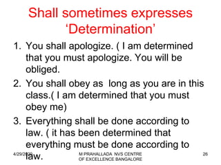 26
Shall sometimes expresses
‘Determination’
1. You shall apologize. ( I am determined
that you must apologize. You will be
obliged.
2. You shall obey as long as you are in this
class.( I am determined that you must
obey me)
3. Everything shall be done according to
law. ( it has been determined that
everything must be done according to
law.4/29/2020 M PRAHALLADA NVS CENTRE
OF EXCELLENCE BANGALORE
 