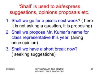 ‘Shall’ is used to air/express
suggestions, opinions proposals etc.
1. Shall we go for a picnic next week? ( here
it is not asking a question, it is proposing)
2. Shall we propose Mr. Kumar’s name for
class representative this year. (airing
once opinion)
3. Shall we have a short break now?
( seeking suggestions)
274/29/2020 M PRAHALLADA NVS CENTRE
OF EXCELLENCE BANGALORE
 