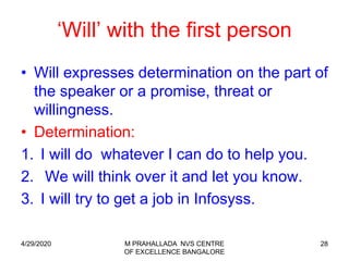 28
‘Will’ with the first person
• Will expresses determination on the part of
the speaker or a promise, threat or
willingness.
• Determination:
1. I will do whatever I can do to help you.
2. We will think over it and let you know.
3. I will try to get a job in Infosyss.
4/29/2020 M PRAHALLADA NVS CENTRE
OF EXCELLENCE BANGALORE
 
