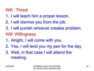 30
Will : Threat
1. I will teach him a proper lesson.
2. I will dismiss you from the job.
3. I will punish whoever creates problem.
Will: Willingness
1. Alright, I will come with you.
2. Yes, I will lend you my pen for the day.
3. Well, in that case I will attend the
meeting.
4/29/2020 M PRAHALLADA NVS CENTRE
OF EXCELLENCE BANGALORE
 