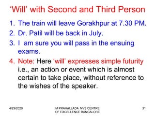 31
‘Will’ with Second and Third Person
1. The train will leave Gorakhpur at 7.30 PM.
2. Dr. Patil will be back in July.
3. I am sure you will pass in the ensuing
exams.
4. Note: Here ‘will’ expresses simple futurity
i.e., an action or event which is almost
certain to take place, without reference to
the wishes of the speaker.
4/29/2020 M PRAHALLADA NVS CENTRE
OF EXCELLENCE BANGALORE
 