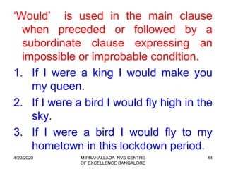 44
‘Would’ is used in the main clause
when preceded or followed by a
subordinate clause expressing an
impossible or improbable condition.
1. If I were a king I would make you
my queen.
2. If I were a bird I would fly high in the
sky.
3. If I were a bird I would fly to my
hometown in this lockdown period.
4/29/2020 M PRAHALLADA NVS CENTRE
OF EXCELLENCE BANGALORE
 