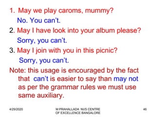46
1. May we play caroms, mummy?
No. You can’t.
2. May I have look into your album please?
Sorry, you can’t.
3. May I join with you in this picnic?
Sorry, you can’t.
Note: this usage is encouraged by the fact
that can’t is easier to say than may not
as per the grammar rules we must use
same auxiliary.
4/29/2020 M PRAHALLADA NVS CENTRE
OF EXCELLENCE BANGALORE
 