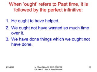 60
When ‘ought’ refers to Past time, it is
followed by the perfect infinitive:
1. He ought to have helped.
2. We ought not have wasted so much time
over it.
3. We have done things which we ought not
have done.
4/29/2020 M PRAHALLADA NVS CENTRE
OF EXCELLENCE BANGALORE
 