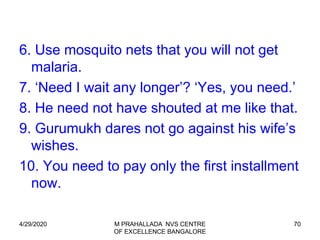 70
6. Use mosquito nets that you will not get
malaria.
7. ‘Need I wait any longer’? ‘Yes, you need.’
8. He need not have shouted at me like that.
9. Gurumukh dares not go against his wife’s
wishes.
10. You need to pay only the first installment
now.
4/29/2020 M PRAHALLADA NVS CENTRE
OF EXCELLENCE BANGALORE
 