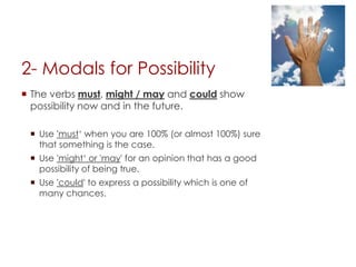 permission1- Modals for AbilityUse can, be able toand could to show that someone has (or doesn’t have) an ability to do something.The verbs after the modals of ability are always in the simple form.Alan can swim well.