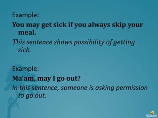Example:
You may get sick if you always skip your
meal.
This sentence shows possibility of getting
sick.
Example:
Ma’am, may I go out?
In this sentence, someone is asking permission
to go out.
 