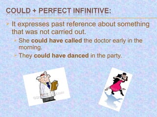    It expresses past reference about something
    that was not carried out.
     She could have called the doctor early in the
      morning.
     They could have danced in the party.
 