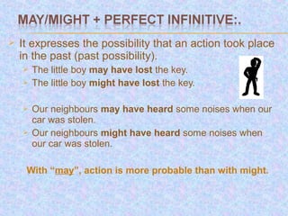   It expresses the possibility that an action took place
    in the past (past possibility).
       The little boy may have lost the key.
       The little boy might have lost the key.

       Our neighbours may have heard some noises when our
        car was stolen.
       Our neighbours might have heard some noises when
        our car was stolen.

     With “may”, action is more probable than with might.
 