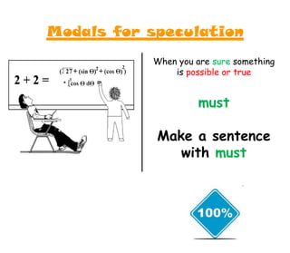 When you are sure something
is possible or true
must
Make a sentence
with must
Modals for speculation
 