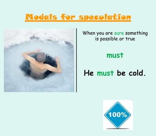 When you are sure something
is possible or true
must
He must be cold.
Modals for speculation
 