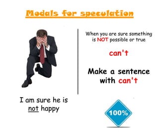 I am sure he is
not happy
When you are sure something
is NOT possible or true
can't
Make a sentence
with can't
Modals for speculation
 