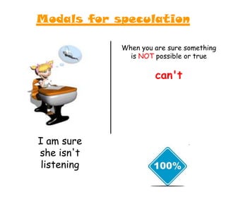 I am sure
she isn't
listening
When you are sure something
is NOT possible or true
can't
Modals for speculation
 