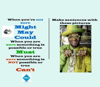 When you’re not
sure
Might
May
Could
When you are
sure something is
possible or true
Must
When you are
sure something is
NOT possible or
true
Can't
Make sentences with
these pictures
 