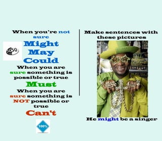 When you’re not
sure
Might
May
Could
When you are
sure something is
possible or true
Must
When you are
sure something is
NOT possible or
true
Can't
Make sentences with
these pictures
He might be a singer
 