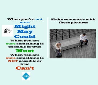 When you’re not
sure
Might
May
Could
When you are
sure something is
possible or true
Must
When you are
sure something is
NOT possible or
true
Can't
Make sentences with
these pictures
 