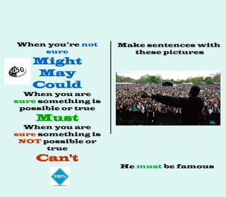 When you’re not
sure
Might
May
Could
When you are
sure something is
possible or true
Must
When you are
sure something is
NOT possible or
true
Can't
Make sentences with
these pictures
He must be famous
 