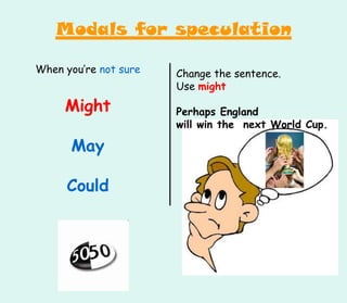 Change the sentence.
Use might
Perhaps England
will win the next World Cup.
When you’re not sure
Might
May
Could
Modals for speculation
 