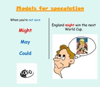 England might win the next
World Cup.
When you’re not sure
Might
May
Could
Modals for speculation
 