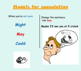When you’re not sure
Might
May
Could
Change the sentence.
Use may
Maybe I’ll see you at 9 o’clock
Modals for speculation
 