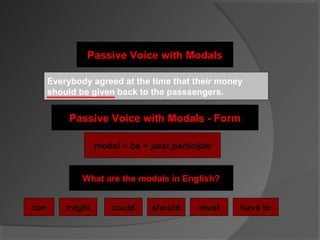 Passive Voice with Modals

      Everybody agreed at the time that their money
      should be given back to the passsengers.


           Passive Voice with Modals - Form

                  modal + be + past participle


              What are the modals in English?


can       might       could    should      must   have to
 