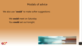 Modals of advice
We also use “could” to make softer suggestions:
We could meet on Saturday
You could eat out tonight.
11
 