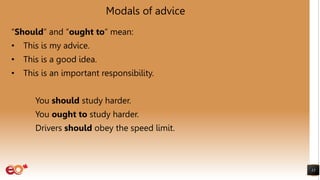 Modals of advice
“Should” and “ought to” mean:
• This is my advice.
• This is a good idea.
• This is an important responsibility.
You should study harder.
You ought to study harder.
Drivers should obey the speed limit.
13
 