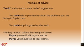 Modals of advice
“Could” is also used to make “softer” suggestions:
You could talk to your teacher about the problems you are
having in English class.
You could stop for groceries after work.
**Adding “maybe” softens the strength of advice:
Maybe you could talk to your teacher.
Maybe you should talk to your teacher.
17
 