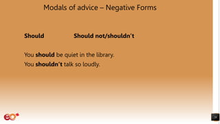 Modals of advice – Negative Forms
Should Should not/shouldn’t
You should be quiet in the library.
You shouldn’t talk so loudly.
28
 