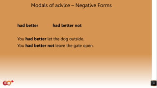 Modals of advice – Negative Forms
had better had better not
You had better let the dog outside.
You had better not leave the gate open.
30
 
