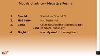 Modals of advice – Negative Forms
1. Should Should not/shouldn’t
2. Had better Had better not
3. Could Could not/couldn’t is generally not
used for advice, but ability.
4. Ought to is rarely used in the negative.
29
 