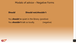 Modals of advice – Negative Forms
Should Should not/shouldn’t
You should be quiet in the library. (positive)
You shouldn’t talk so loudly. (negative)
30
 
